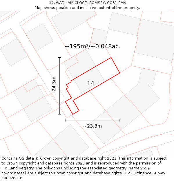 14, WADHAM CLOSE, ROMSEY, SO51 0AN: Plot and title map