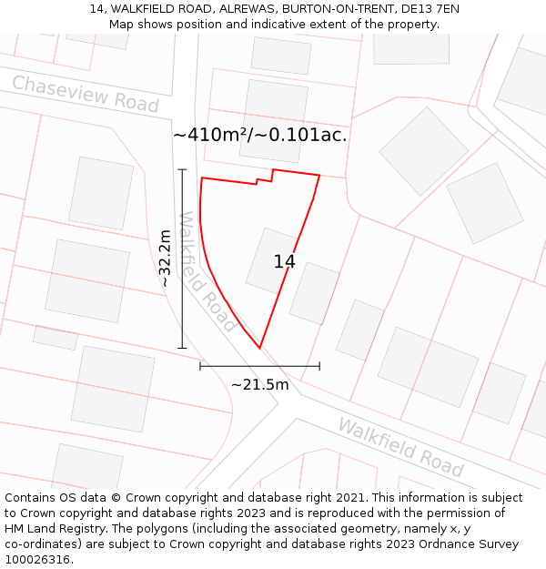 14, WALKFIELD ROAD, ALREWAS, BURTON-ON-TRENT, DE13 7EN: Plot and title map