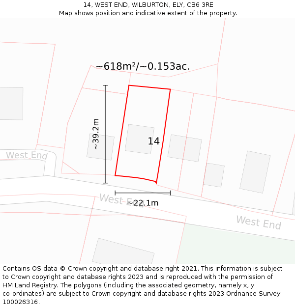 14, WEST END, WILBURTON, ELY, CB6 3RE: Plot and title map