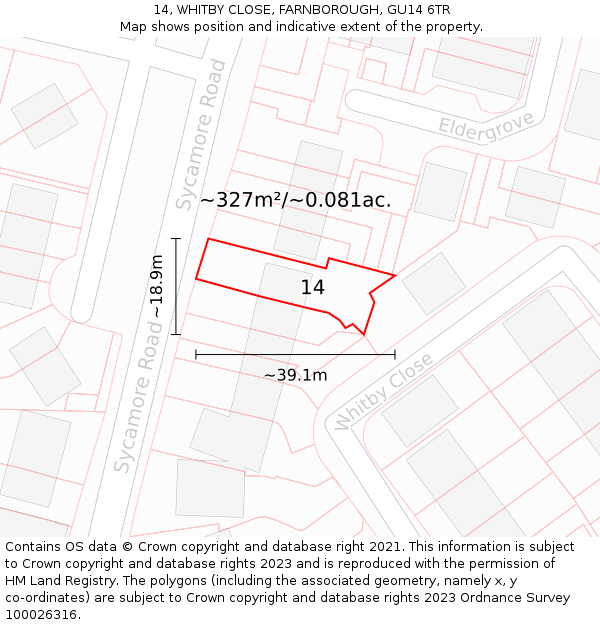 14, WHITBY CLOSE, FARNBOROUGH, GU14 6TR: Plot and title map