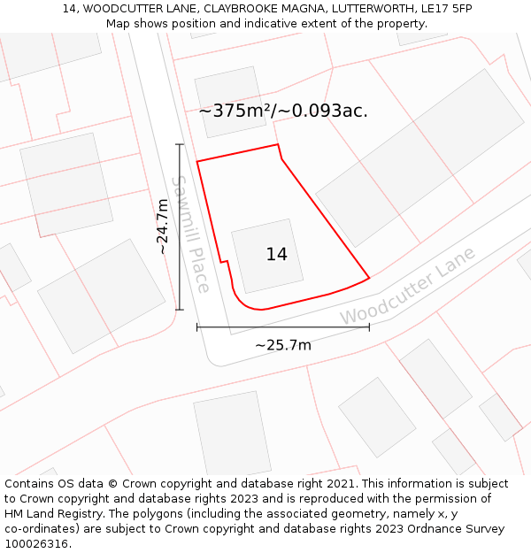 14, WOODCUTTER LANE, CLAYBROOKE MAGNA, LUTTERWORTH, LE17 5FP: Plot and title map