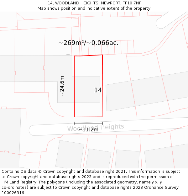 14, WOODLAND HEIGHTS, NEWPORT, TF10 7NF: Plot and title map