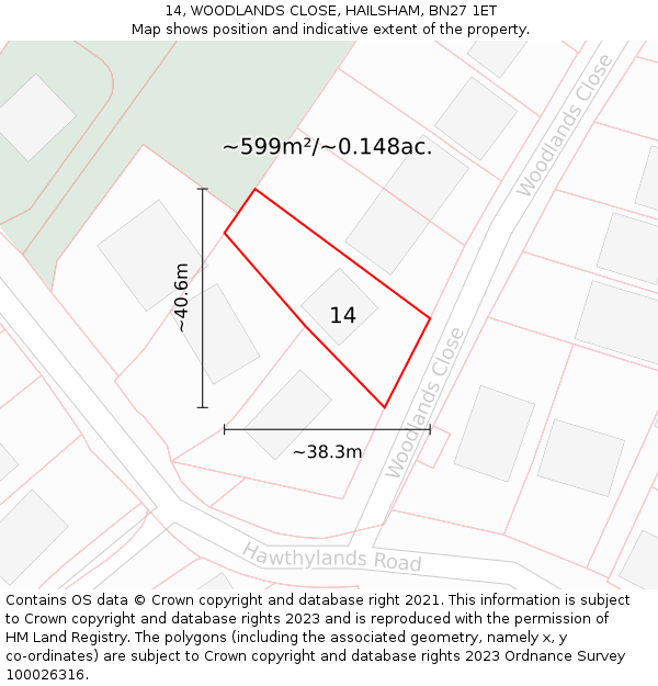 14, WOODLANDS CLOSE, HAILSHAM, BN27 1ET: Plot and title map