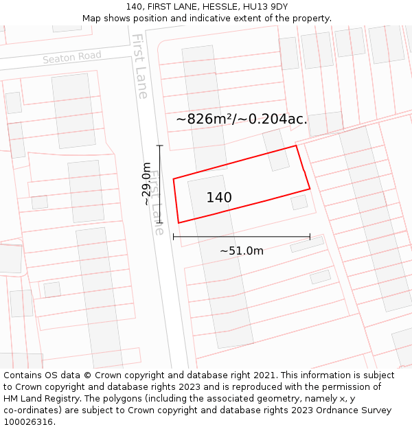 140, FIRST LANE, HESSLE, HU13 9DY: Plot and title map