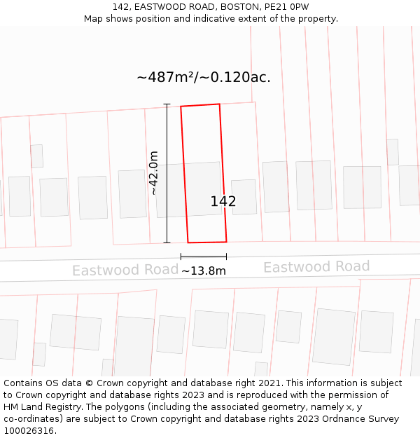 142, EASTWOOD ROAD, BOSTON, PE21 0PW: Plot and title map