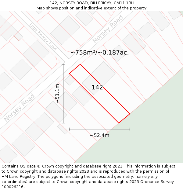 142, NORSEY ROAD, BILLERICAY, CM11 1BH: Plot and title map