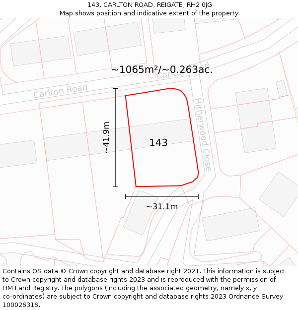 143, CARLTON ROAD, REIGATE, RH2 0JG: Plot and title map