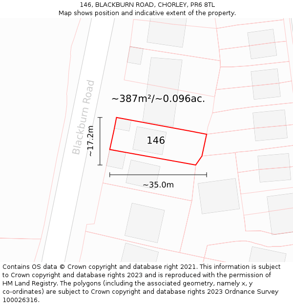 146, BLACKBURN ROAD, CHORLEY, PR6 8TL: Plot and title map