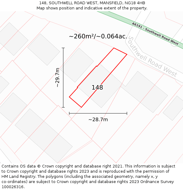 148, SOUTHWELL ROAD WEST, MANSFIELD, NG18 4HB: Plot and title map