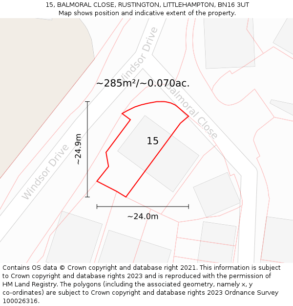 15, BALMORAL CLOSE, RUSTINGTON, LITTLEHAMPTON, BN16 3UT: Plot and title map