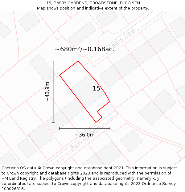 15, BARRY GARDENS, BROADSTONE, BH18 9EN: Plot and title map