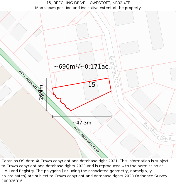 15, BEECHING DRIVE, LOWESTOFT, NR32 4TB: Plot and title map