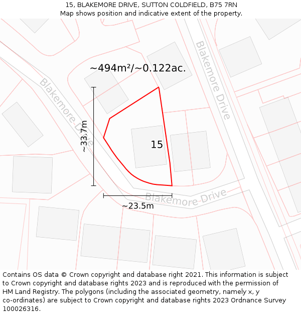 15, BLAKEMORE DRIVE, SUTTON COLDFIELD, B75 7RN: Plot and title map