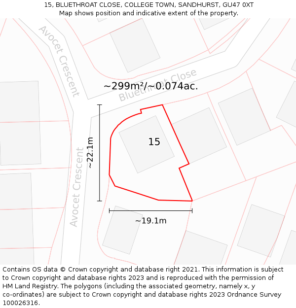 15, BLUETHROAT CLOSE, COLLEGE TOWN, SANDHURST, GU47 0XT: Plot and title map