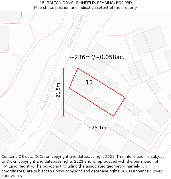 15, BOLTON DRIVE, SHINFIELD, READING, RG2 9RD: Plot and title map