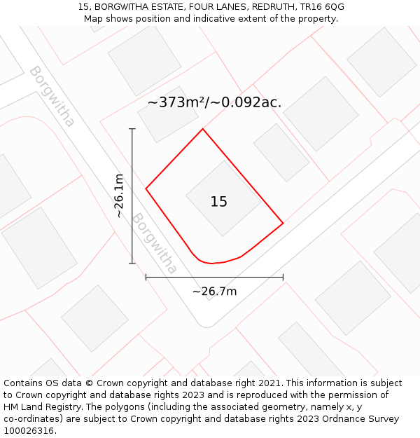 15, BORGWITHA ESTATE, FOUR LANES, REDRUTH, TR16 6QG: Plot and title map