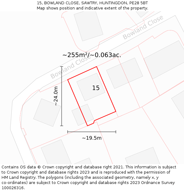 15, BOWLAND CLOSE, SAWTRY, HUNTINGDON, PE28 5BT: Plot and title map