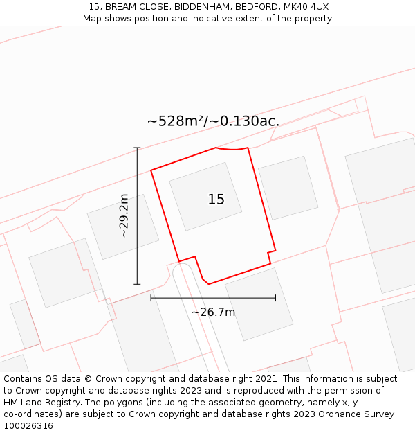 15, BREAM CLOSE, BIDDENHAM, BEDFORD, MK40 4UX: Plot and title map