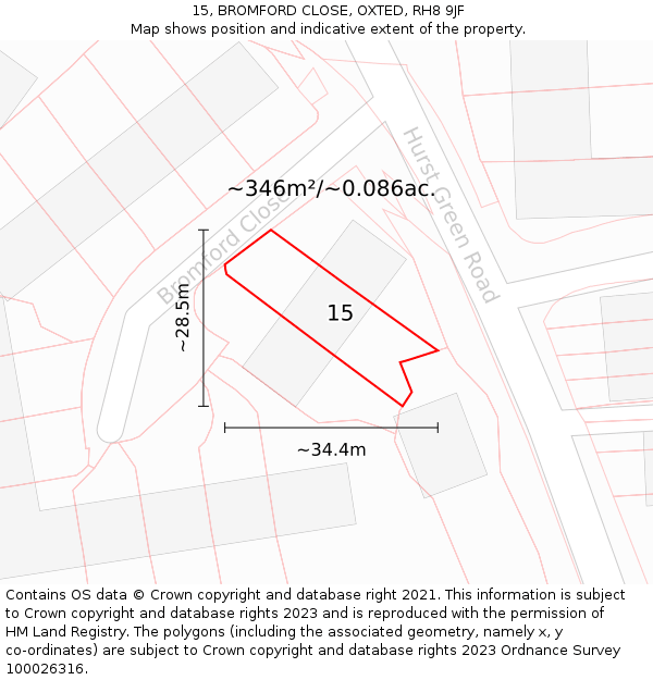 15, BROMFORD CLOSE, OXTED, RH8 9JF: Plot and title map