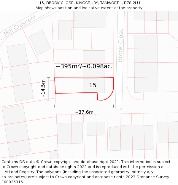 15, BROOK CLOSE, KINGSBURY, TAMWORTH, B78 2LU: Plot and title map