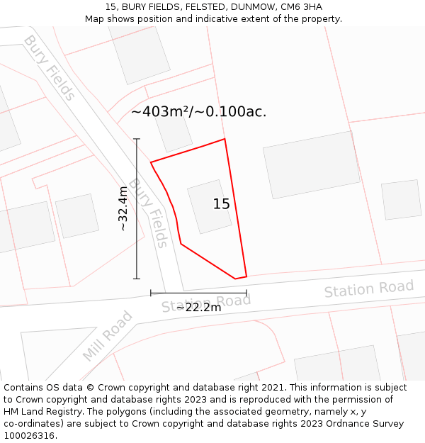 15, BURY FIELDS, FELSTED, DUNMOW, CM6 3HA: Plot and title map