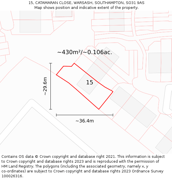 15, CATAMARAN CLOSE, WARSASH, SOUTHAMPTON, SO31 9AS: Plot and title map