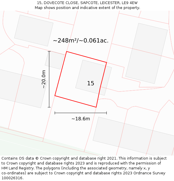 15, DOVECOTE CLOSE, SAPCOTE, LEICESTER, LE9 4EW: Plot and title map