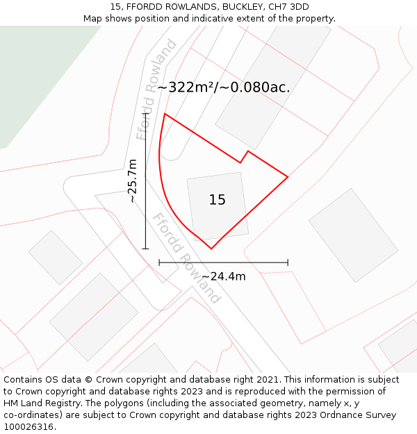 15, FFORDD ROWLANDS, BUCKLEY, CH7 3DD: Plot and title map
