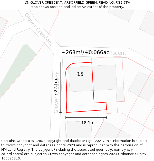 15, GLOVER CRESCENT, ARBORFIELD GREEN, READING, RG2 9TW: Plot and title map