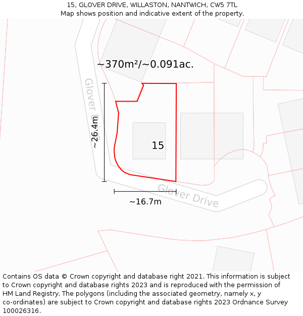 15, GLOVER DRIVE, WILLASTON, NANTWICH, CW5 7TL: Plot and title map