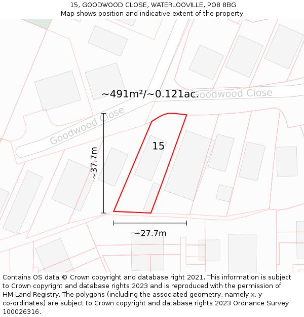 15, GOODWOOD CLOSE, WATERLOOVILLE, PO8 8BG: Plot and title map