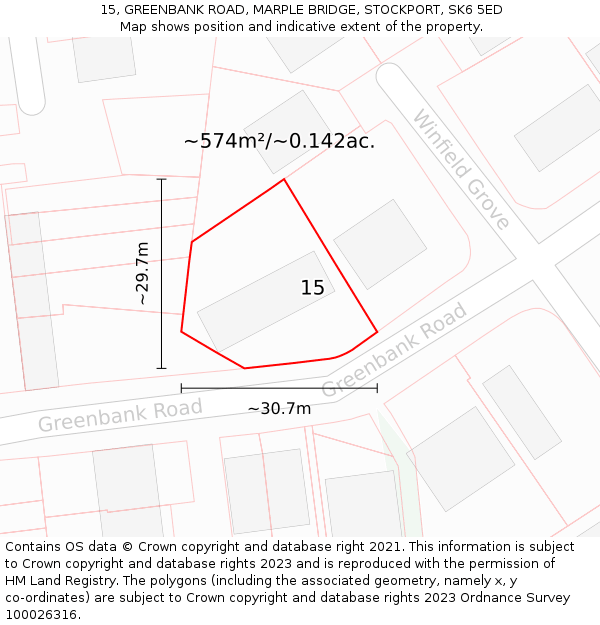 15, GREENBANK ROAD, MARPLE BRIDGE, STOCKPORT, SK6 5ED: Plot and title map