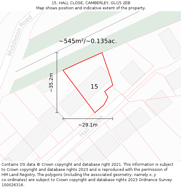 15, HALL CLOSE, CAMBERLEY, GU15 2EB: Plot and title map