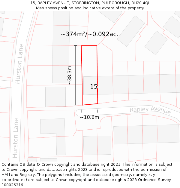 15, RAPLEY AVENUE, STORRINGTON, PULBOROUGH, RH20 4QL: Plot and title map