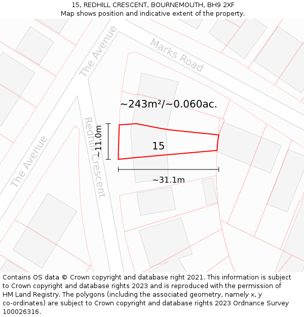 15, REDHILL CRESCENT, BOURNEMOUTH, BH9 2XF: Plot and title map