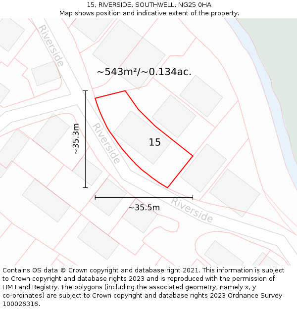 15, RIVERSIDE, SOUTHWELL, NG25 0HA: Plot and title map