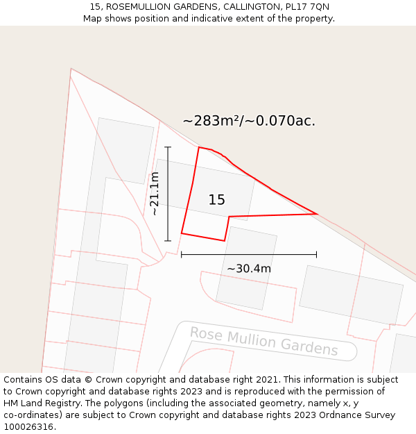 15, ROSEMULLION GARDENS, CALLINGTON, PL17 7QN: Plot and title map