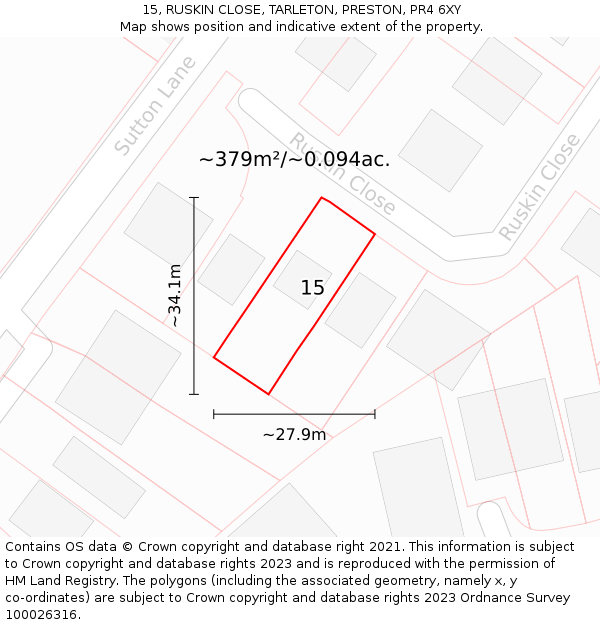 15, RUSKIN CLOSE, TARLETON, PRESTON, PR4 6XY: Plot and title map