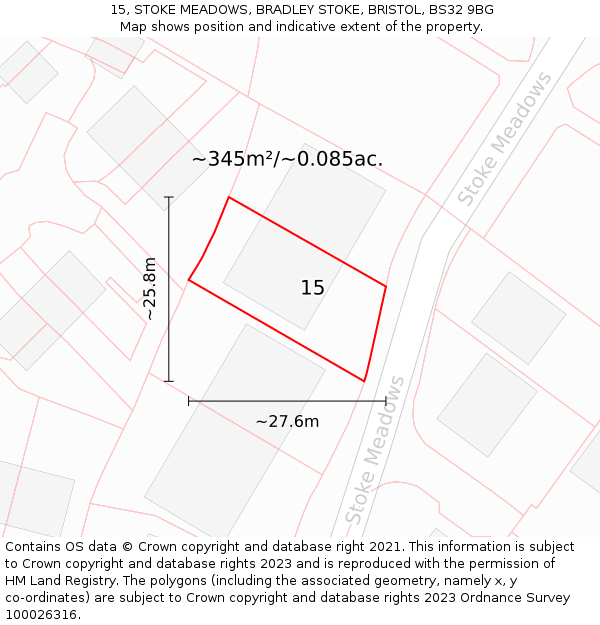 15, STOKE MEADOWS, BRADLEY STOKE, BRISTOL, BS32 9BG: Plot and title map