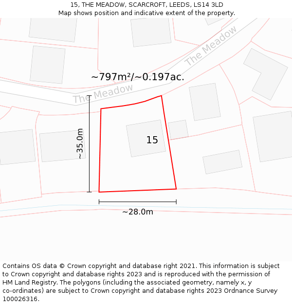 15, THE MEADOW, SCARCROFT, LEEDS, LS14 3LD: Plot and title map