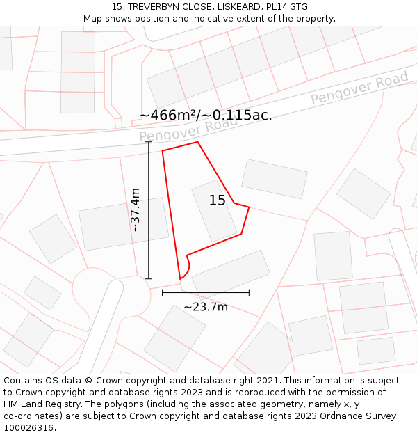 15, TREVERBYN CLOSE, LISKEARD, PL14 3TG: Plot and title map