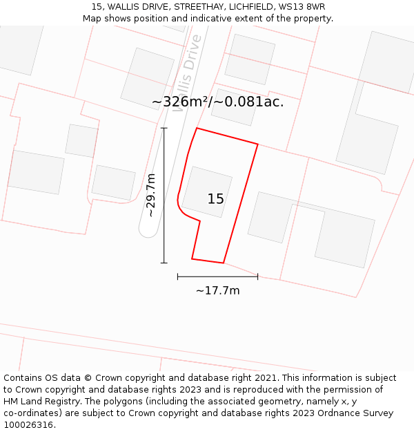 15, WALLIS DRIVE, STREETHAY, LICHFIELD, WS13 8WR: Plot and title map