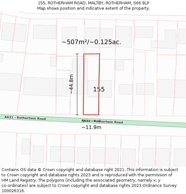 155, ROTHERHAM ROAD, MALTBY, ROTHERHAM, S66 8LP: Plot and title map