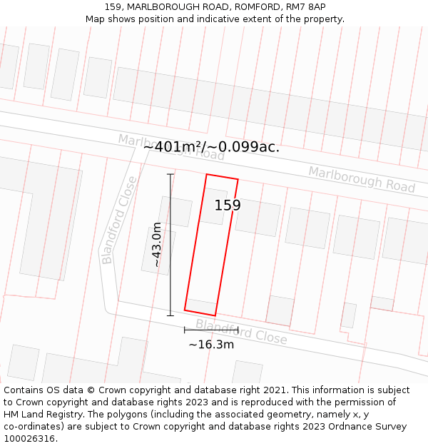 159, MARLBOROUGH ROAD, ROMFORD, RM7 8AP: Plot and title map