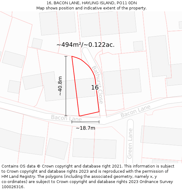 16, BACON LANE, HAYLING ISLAND, PO11 0DN: Plot and title map