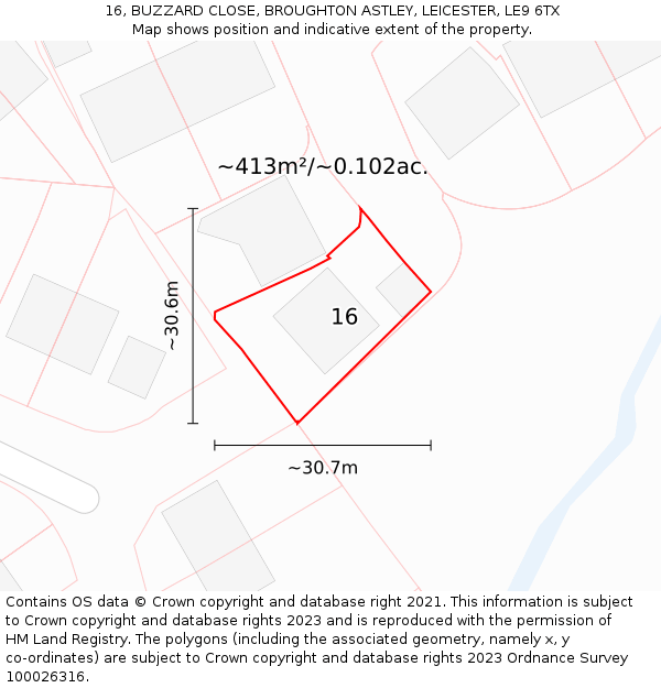 16, BUZZARD CLOSE, BROUGHTON ASTLEY, LEICESTER, LE9 6TX: Plot and title map