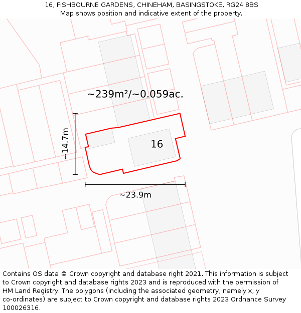 16, FISHBOURNE GARDENS, CHINEHAM, BASINGSTOKE, RG24 8BS: Plot and title map