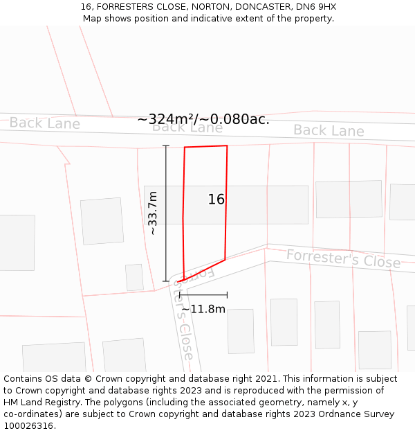 16, FORRESTERS CLOSE, NORTON, DONCASTER, DN6 9HX: Plot and title map