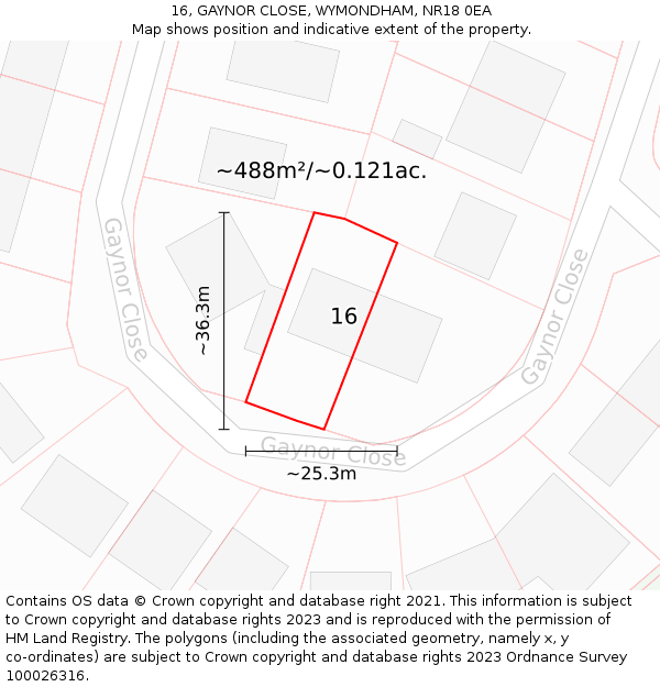 16, GAYNOR CLOSE, WYMONDHAM, NR18 0EA: Plot and title map