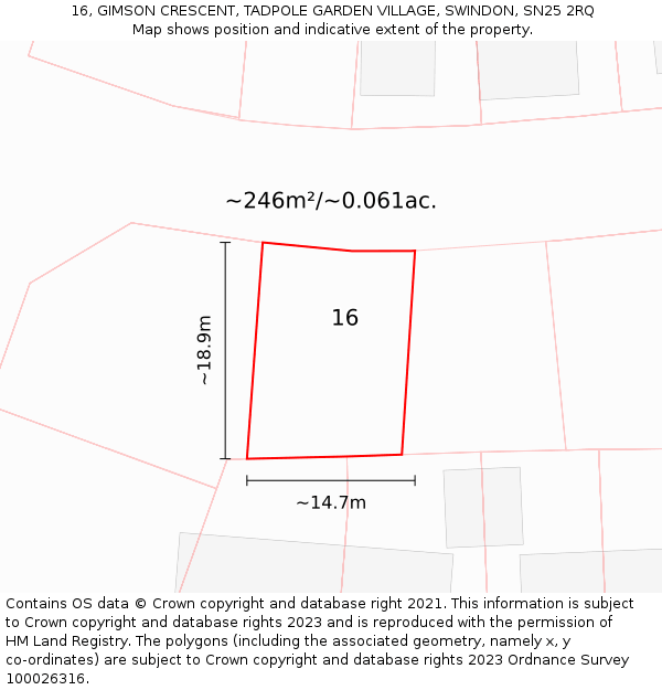 16, GIMSON CRESCENT, TADPOLE GARDEN VILLAGE, SWINDON, SN25 2RQ: Plot and title map